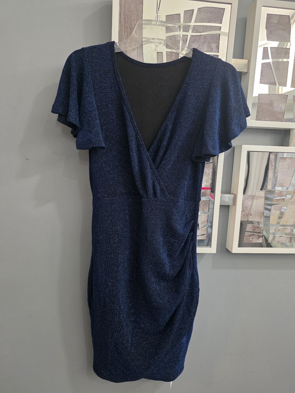 Navy Blue Wrap-Style Flutter Sleeve Dress